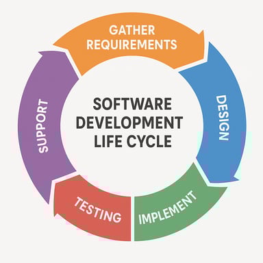 A circle diagram for the software development life cycle with the steps Gather requirements Design implement testing support