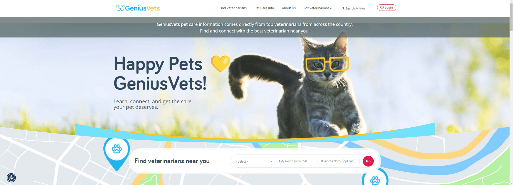 A header image with a leaping cate wearing cartoon glasses. Text: "Happy Pets GeniusVets" A header image with a leaping cate wearing cartoon glasses. Text: "Happy Pets GeniusVets"