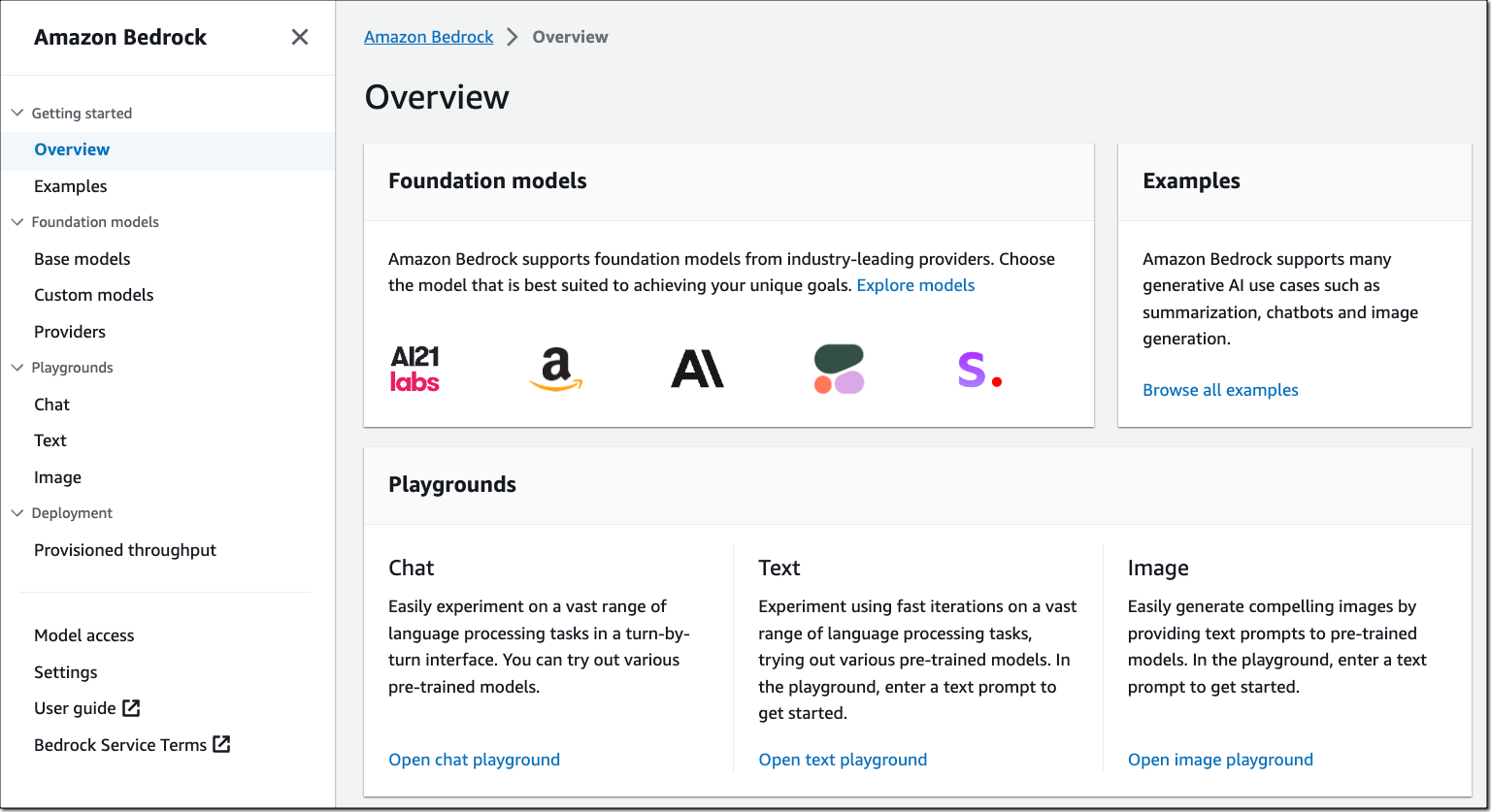 A view of Amazon Bedrock from within the AWS Console