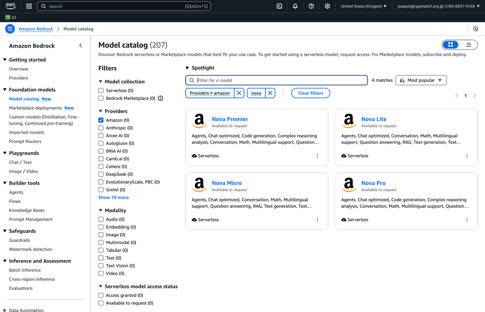 Amazon Bedrock in the Amazon Console with Nova models filtered for