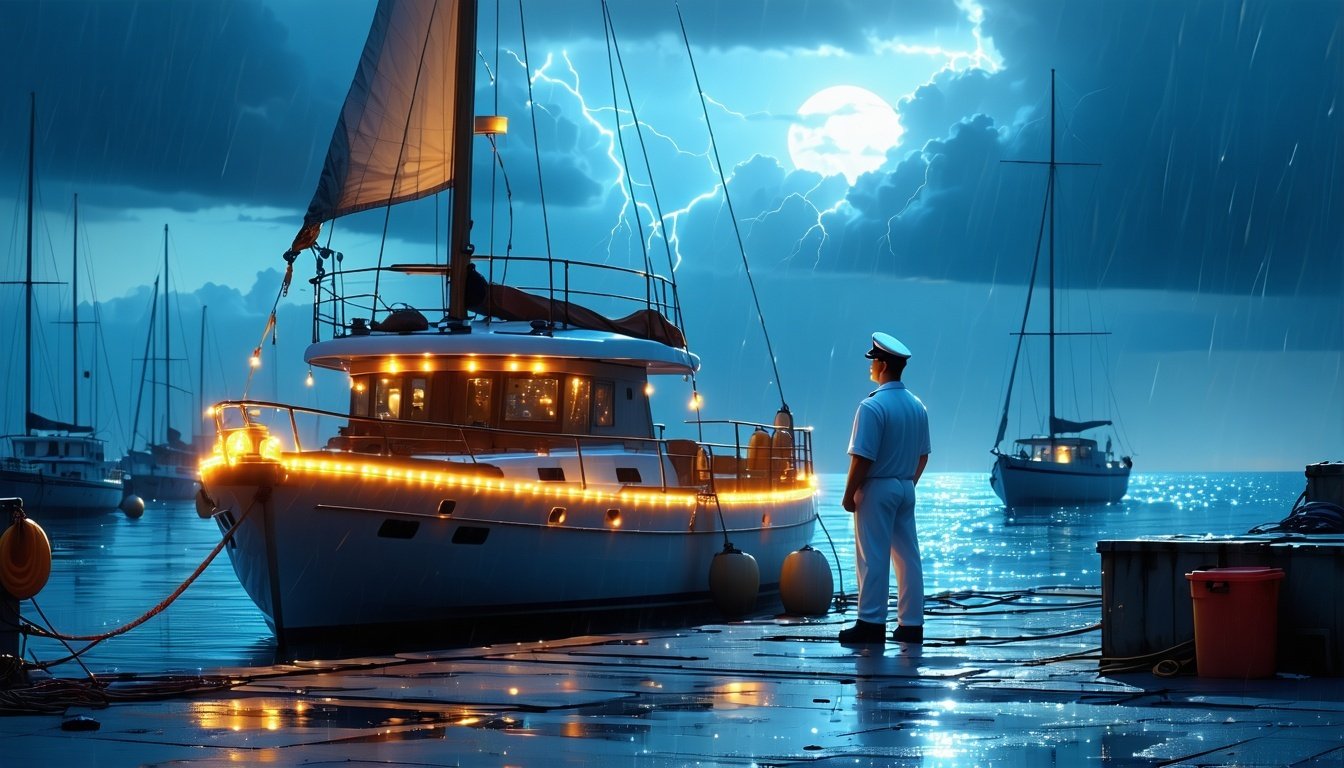 a friendly boat captain looking at his cyber boat with its glowing sail safely docked in the sunny harbor harbor Even though it is sunny on the dock far out at sea there is a big storm on the horizon